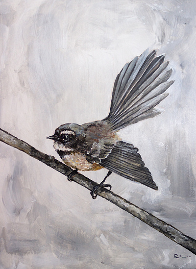 Fantail on a branch acrylic canvas fine art kiwi new zealand painting realistic traditional