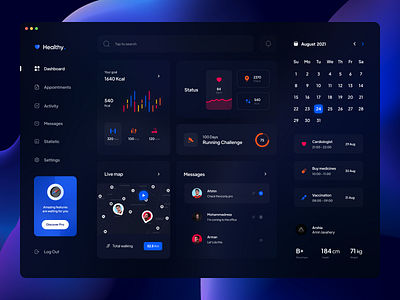 Healthy Dashboard Concept (Dark) analytics app design blue clean concept dark dashboard fluent design glassmorphism graph health inspiration microsoft minimal sport ui ux web weight workout