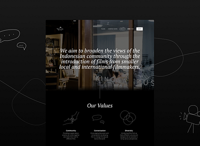 Conceptual Redesign - Kinosaurus Virtual Cinema About/Values about page dark mode dark website flat design minimal website minimalistic redesign ui design ui ux ux ux design ux ui web design web page web ui website website page website redesign website ui