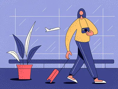 Travel song 4 adobe illustrator airplane airport character dot dots flat girl grain holiday illustration leaves minimal suitcase texture travel vector window woman