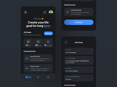 Life Goal (Dark) application black theme concept design dark mode dark theme design experience design goal gola planer life goal minimal mobile mobile app mobile app design popular design productivity app progress ui design user experience