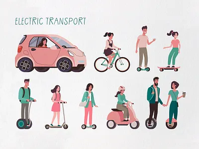 Electric transport cartoon characters design eco electric transport graphic design gyroboard illustration scooter transport vector vehicles