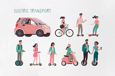 Electric transport cartoon characters design eco electric transport graphic design gyroboard illustration scooter transport vector vehicles