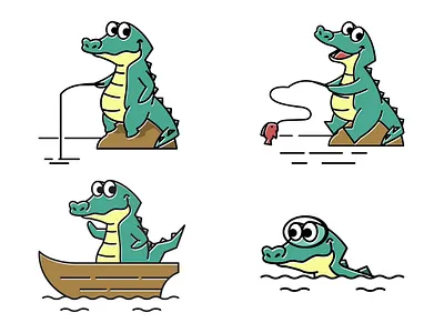 Crocodile Alligator Swimming Fishing Fish Boat Cartoon Mascot alligator boat cartoon character crocodile cute design drawing fish fishing fun mascot picture reptile swimming vector
