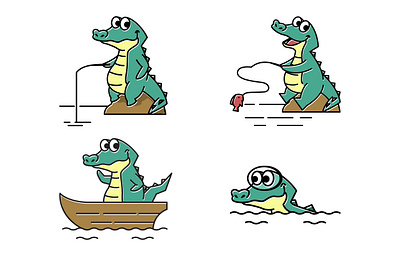 Crocodile Alligator Swimming Fishing Fish Boat Cartoon Mascot alligator boat cartoon character crocodile cute design drawing fish fishing fun mascot picture reptile swimming vector