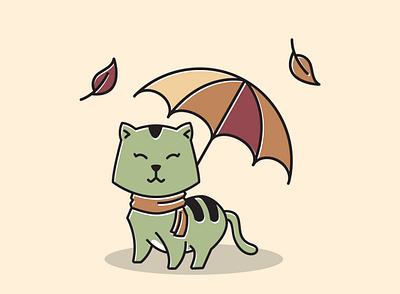 Cat Scarf Standing Smiling Umbrella Autumn Fall Season Cartoon art autumn cartoon cat character cute design event fall illustration leaves mascot scarf season smiling standing umbrella vector