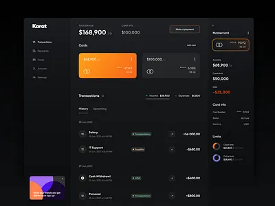 Online Banking - Cardholder Dashboard account atm bank banking black branding cards cash flow credit limit dark theme gura nicholson mastercard money online banking payments total balance transactions web design webdesign yellow