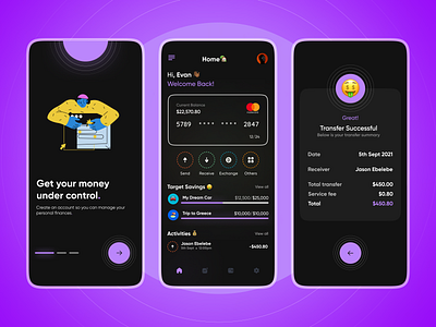 Finance Management App app dark theme dark ui design financial app minimalism savings ui uiux ux