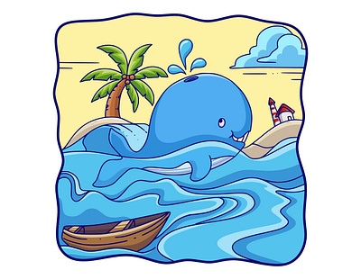 Cartoon illustration Whale swims in the sea fish