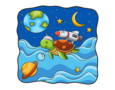 Cartoon illustration turtle flying on rocket cheerful