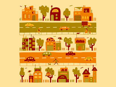 Neighbourhood busy design digital drawing drawing houses illustration mid century midcentury neighborhood pattern people print road scandi scandinavian scene texture three colour trees