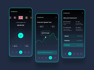 GateBreaker VPN App 3d adobexd animation app app design branding dark mode design graphic design logo minimal minimalism modern app motion graphics ui ux vpn vpnapp