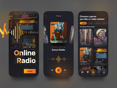 Music Radio Mobile App app audio audio player dark mode dark ui ios mobile mobile app mobile app design mobile design mobile ui music music app music player orange podcast radio radio app radio player