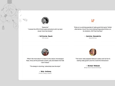 Kizie Testimonials cards landing page minimal quotes testimonials ui