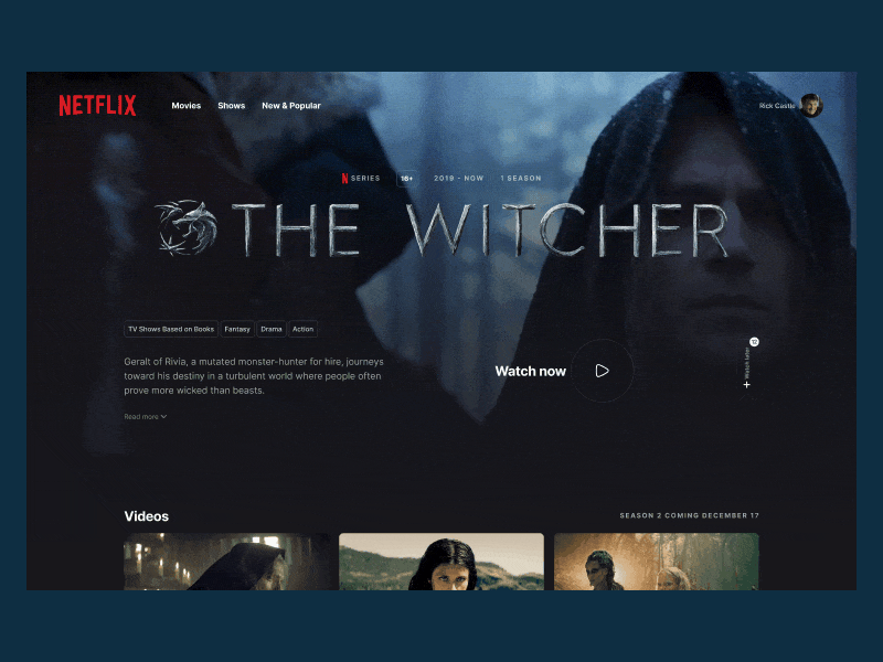 Netflix Movie Page | Concept action animation cinema concept fantasy film genre interaction minimal movie netflix serial the witcher tv tv app tv shows ui design ui ux video watch