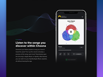 Choona Landing Page app clean dark mode design illustration landing page marketing music social ui ux web webpage website