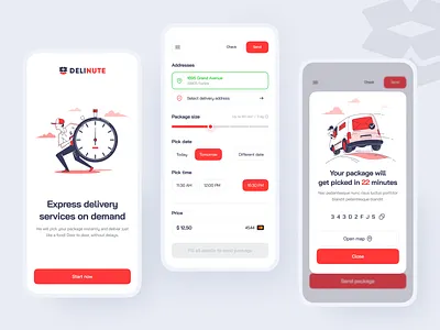 Delinute - Express delivery mobile app android app application branding clean contrast design idea illustration inspiration ios iphone modern picker red smooth trends ui ux white