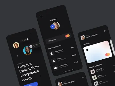 Wallet app - dark UI app credit card dark finance fintech mobile payments ui ux wallet