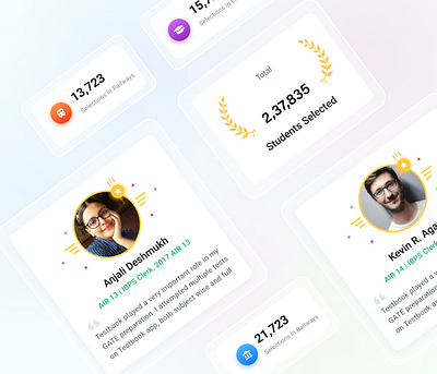 Selections at Testbook achievements app app design branding card card ui clean design components congratulations design glassmorphism mobile ui selections success testimonials ui user interface ux white theme