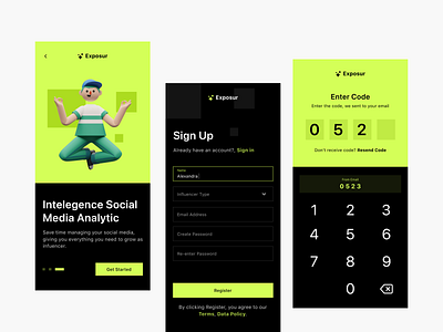 Exposur Onboarding Screens app dark fireart fireart studio green keyboard mobile sign up ui ux