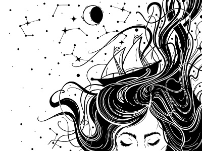 Cosmic Girl ✨ art black and white cosmos cute design dream flat girl graphic illustration imagine linear art sleep stars vector