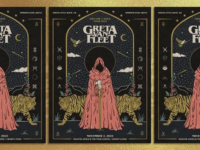 Greta Van Fleet - Gold Foil Poster Design band merch band poster cloak gold foil greta van fleet knight merch design poster design stippling sword tiger