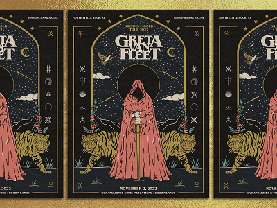 Greta Van Fleet - Gold Foil Poster Design band merch band poster cloak gold foil greta van fleet knight merch design poster design stippling sword tiger