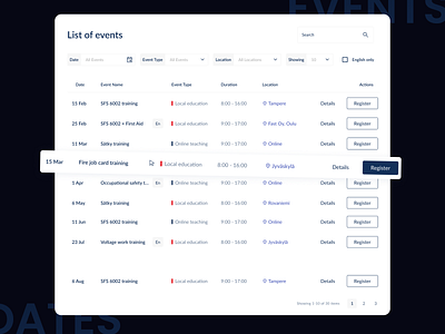 Cadsa ai date design events lightmode listofevents location register tables ui user experience ux uxui