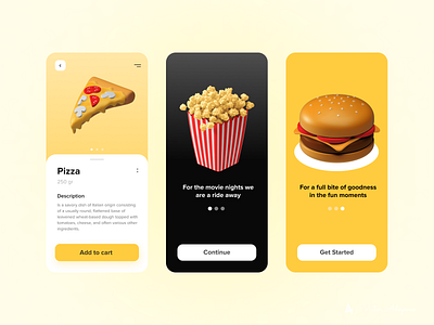 Food mobile app 3d app clean colorful delivery design eat fastfood food hamburger illustration junk minimal mobile onboarding pizza popcorn recipe ui uiux