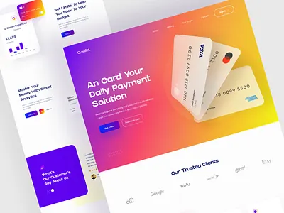 Q Wallet. Landing Page Exploration bank card card colorful credit card credit card landing page design inspiration finincial illustration landing page minimal minimalist trandy typogaphy ui uidesign