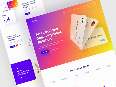 Q Wallet. Landing Page Exploration bank card card colorful credit card credit card landing page design inspiration finincial illustration landing page minimal minimalist trandy typogaphy ui uidesign