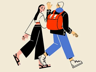 The walk asian autumn backpack birthday black hair boy chat chill date fall friendship girl hang out hat hello illustration long hair mindfulness mural walking