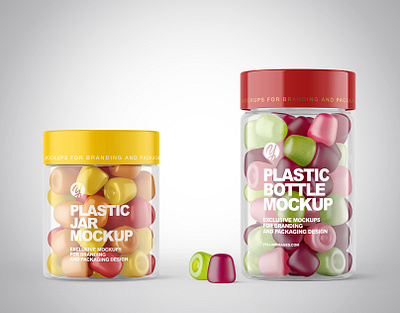 Plastic Jars with Gummies Mockups PSD 3d branding design label labeldesign logo mockup mockupdesign pack package visualization