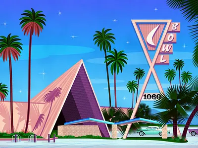 1956 Covina Bowl 1950 1950s 50s art bowl bowling alley california covina bowl design fan art historic illustration landmark los angeles neon sign palm tree palm trees retro sign vintage sign