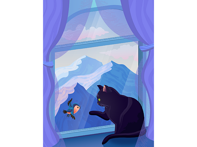 Cat at the window adobe illustrator animals bird cartoon cat character comic curtain illustration mountains vector window