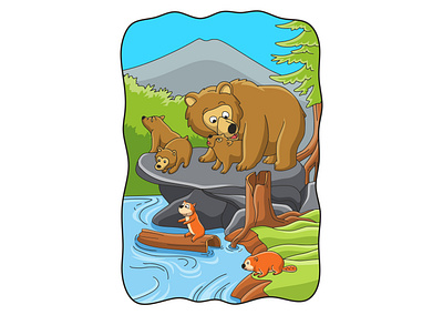 Cartoon illustration bear with cub on a big rock fluffy