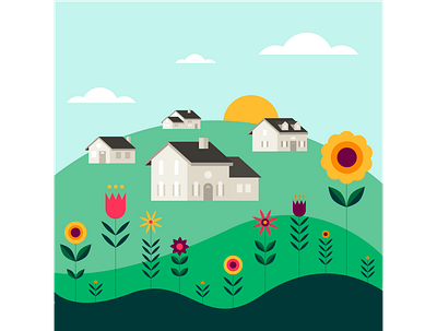 Real Estate Blog Illustration colorful flowers home homes house houses illustration landscape real estate scene vector