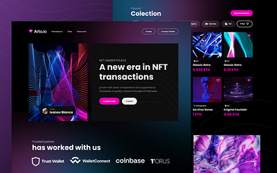 Arto.io NFT Website Exploration activity bitcoin card clean coin crypto crypto exchange cryptocurrency dark design landing page marketplace minimalism nft simple token ui ux web design website