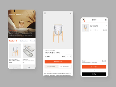 Luxury Furniture Mobile Magazine + Shop App cart catalog ecommerce ecommerce design furniture interior design ios app luxury minimal mobile mobile app orange product shopping