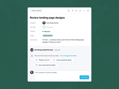 Suggested Replies animation asana collaboration comments conversation interaction microinteraction motion graphics principle product product management project management replies reply suggested suggestions task thread ui ux