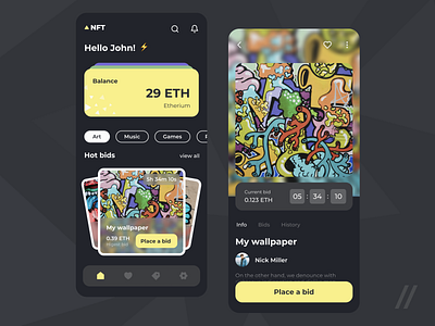 NFT marketplace app bitcoin blockchain blockchain app cryptocurrency dark theme design figma marketplace mobile mobile app mvp nft purrweb startup token ui ux uxui yellow