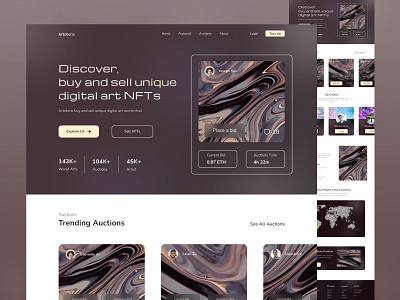 NFT Marketplace - Web Design auctions bid bitcoin branding brown buy clean design elegant eth nft nft marketplace nft web design nfts premium pro sell trading ui web design