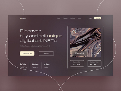NFTs Marketplace - Header Web Design artoken bitcoin branding brown buy clean design elegant eth ethreum header nft nft marketplace nft web sell token trading ui uiux web design