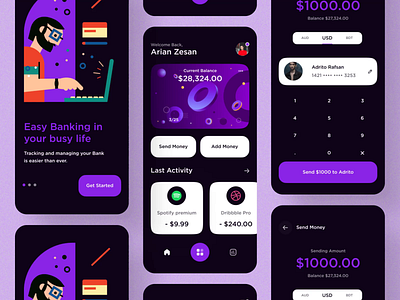 Money Transferring App - Dark Theme app app design bank bank app banking banking app dark finance finance app finances financial financial app fintech ideate mobile app mobile app design mobile design mobile ui ui zesan