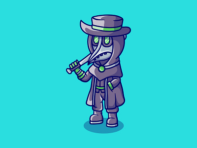 Cute plague doctor with baseball bat cartoon character doctor flat design halloween plague plague doctor