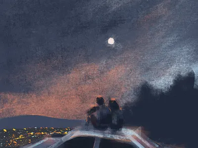 Let's get away from here car city couple girl illustration lights man moon night procreate