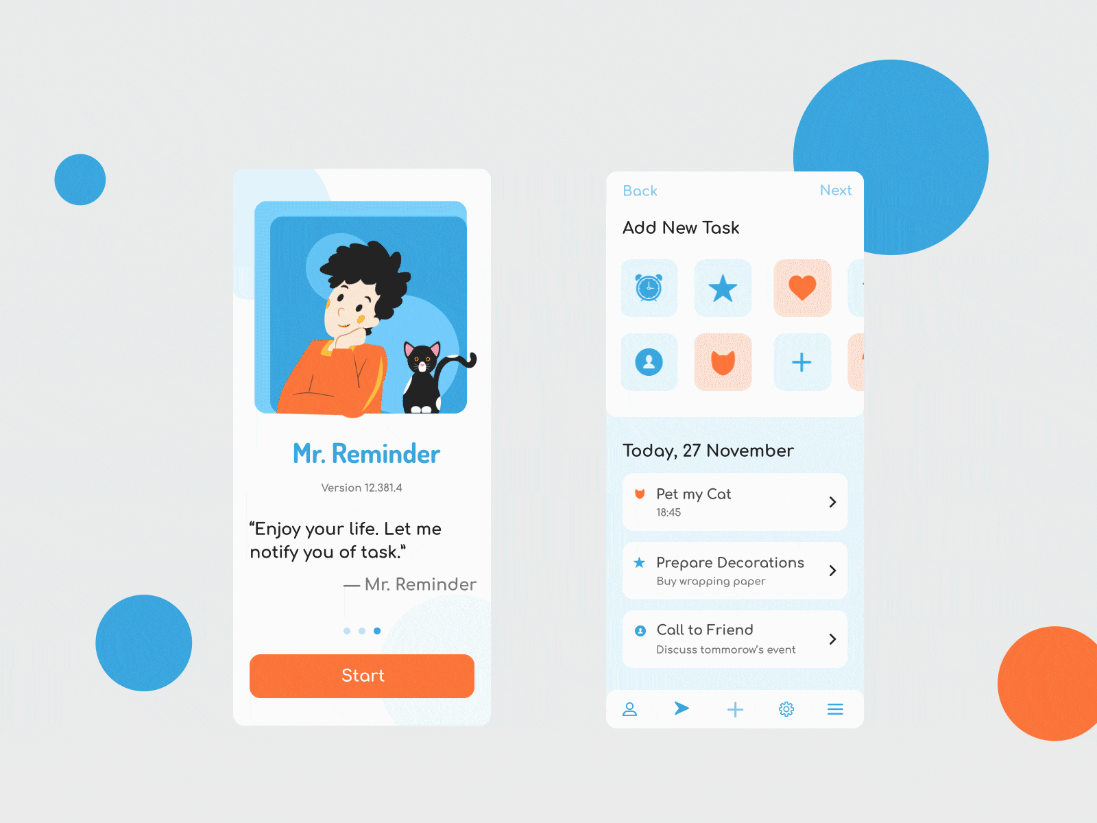 Mr. Reminder after effects animation blue branding cat illustration mobile person pink ui