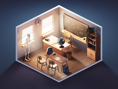 Classroom 3d blender classroom diorama illustration isometric lowpoly render retro room school