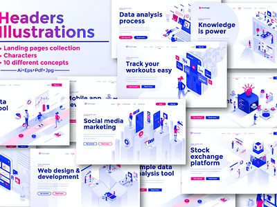 Landing page template on various topics business clean collection data design document element icon infographic internet isometric kit landing layout mobile modern tools ui vector visualization