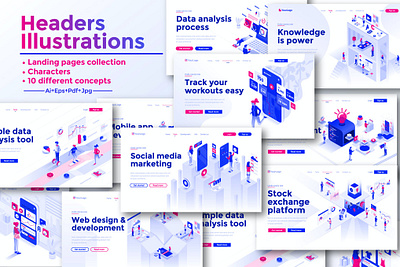 Landing page template on various topics business clean collection data design document element icon infographic internet isometric kit landing layout mobile modern tools ui vector visualization